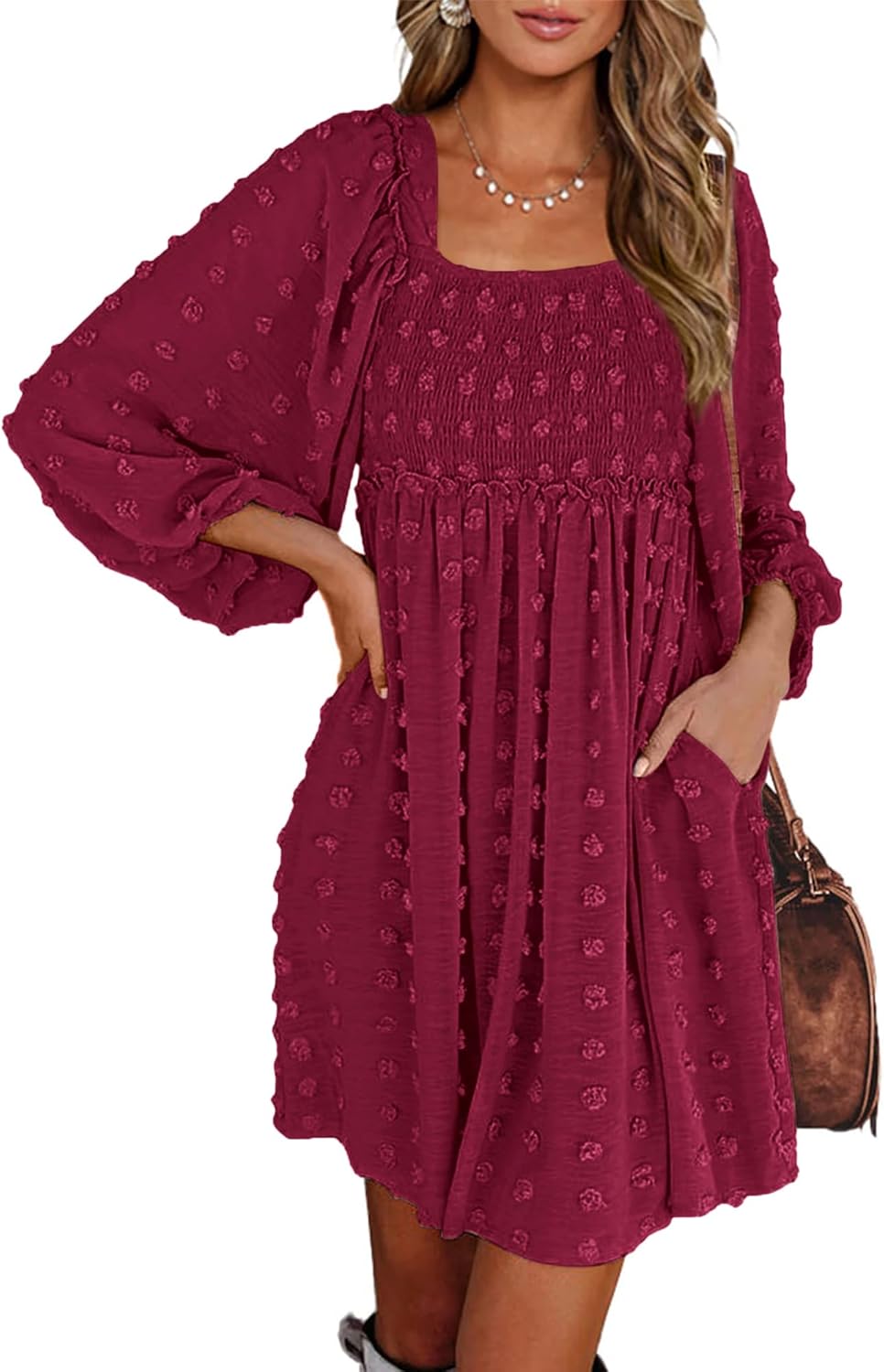 BTFBM Women Square Neck Smocked Summer Fall Dresses 2023 Long Sleeve Floral Swiss Dot Ruffle Party Mini Babydoll Dress