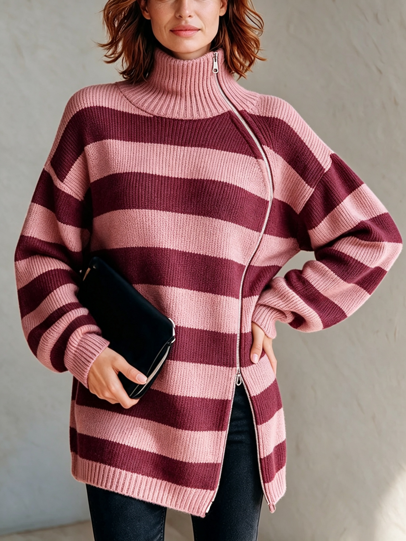 Women’s Knit Striped Asymmetric Zip-Up Top High Neck Long Sleeve Oversized Sweater