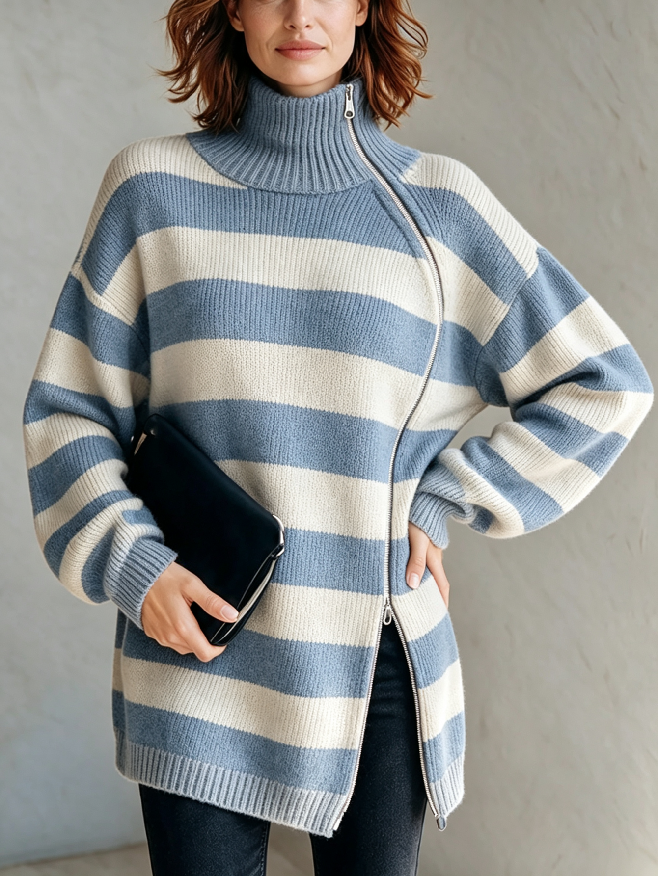 Women’s Knit Striped Asymmetric Zip-Up Top High Neck Long Sleeve Oversized Sweater