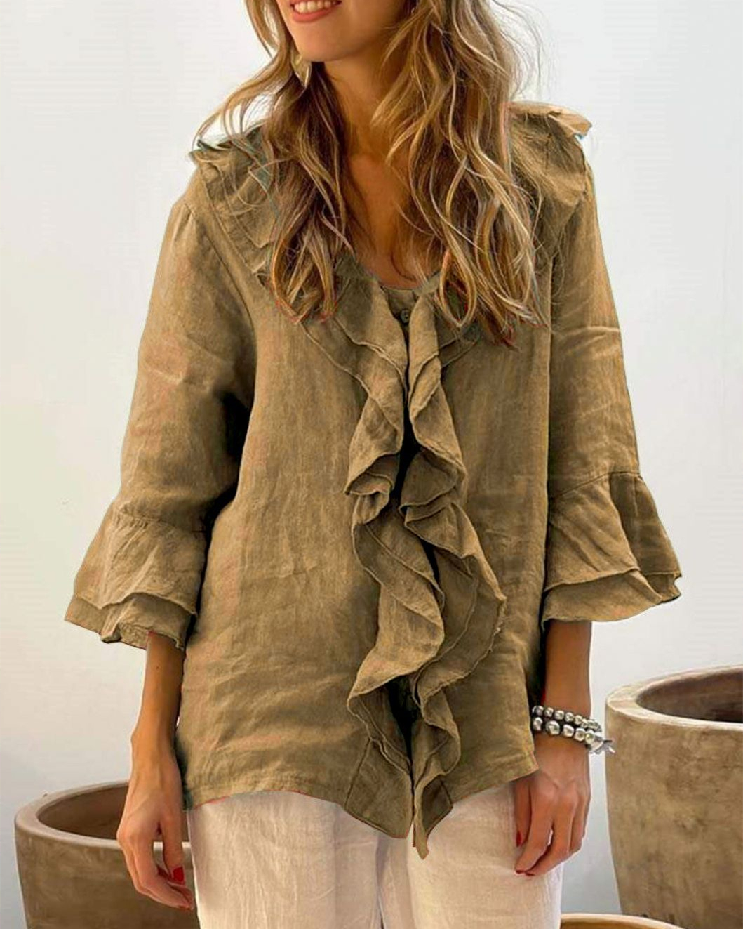 Women's Button Down Shirts V Neck 3/4 Sleeve Elegant Ruffle Casual Blouses Tops