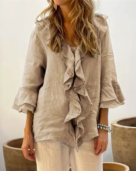 Women's Button Down Shirts V Neck 3/4 Sleeve Elegant Ruffle Casual Blouses Tops