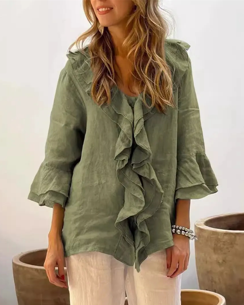 Women's Button Down Shirts V Neck 3/4 Sleeve Elegant Ruffle Casual Blouses Tops