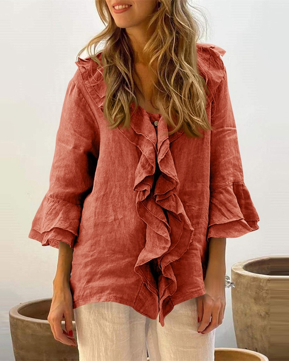 Women's Button Down Shirts V Neck 3/4 Sleeve Elegant Ruffle Casual Blouses Tops