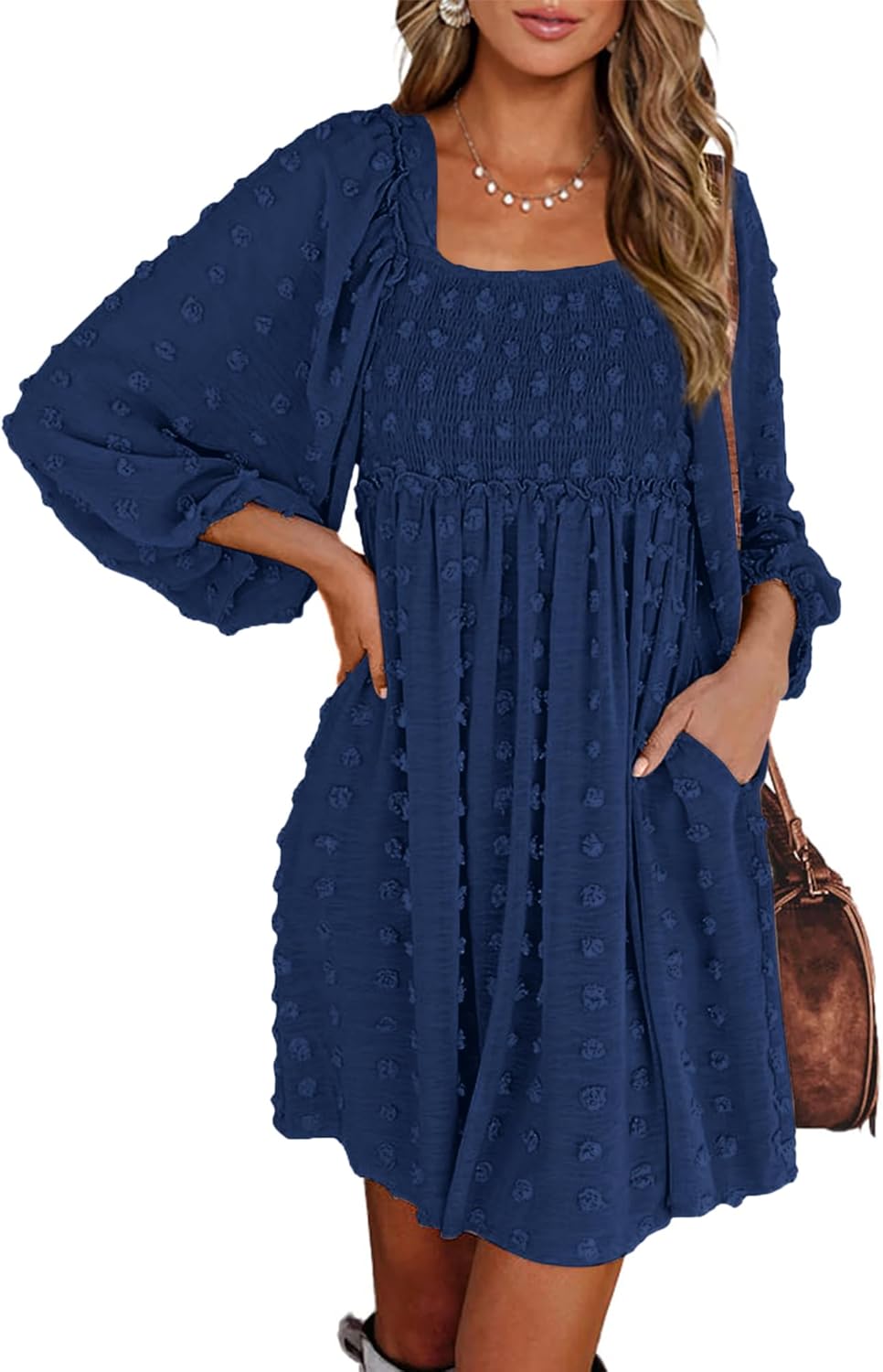 BTFBM Women Square Neck Smocked Summer Fall Dresses 2023 Long Sleeve Floral Swiss Dot Ruffle Party Mini Babydoll Dress