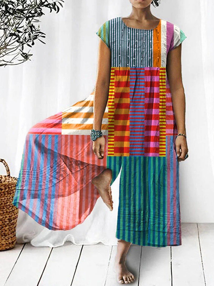 Women’s Colorful Patchwork Striped Cotton Linen 3/4 Sleeve Shirt