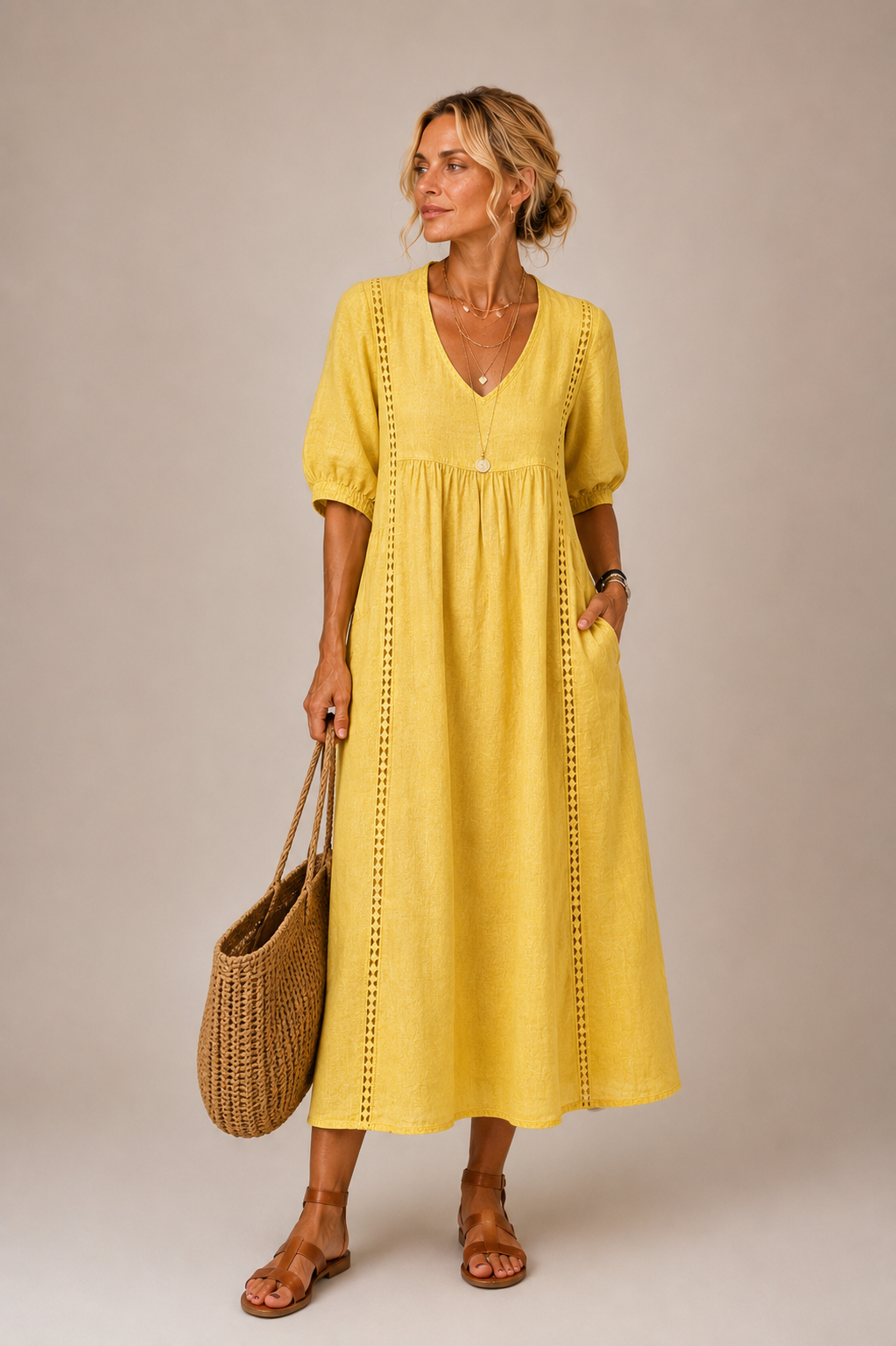 Christine - Lace Trim V-Neck Midi Dress