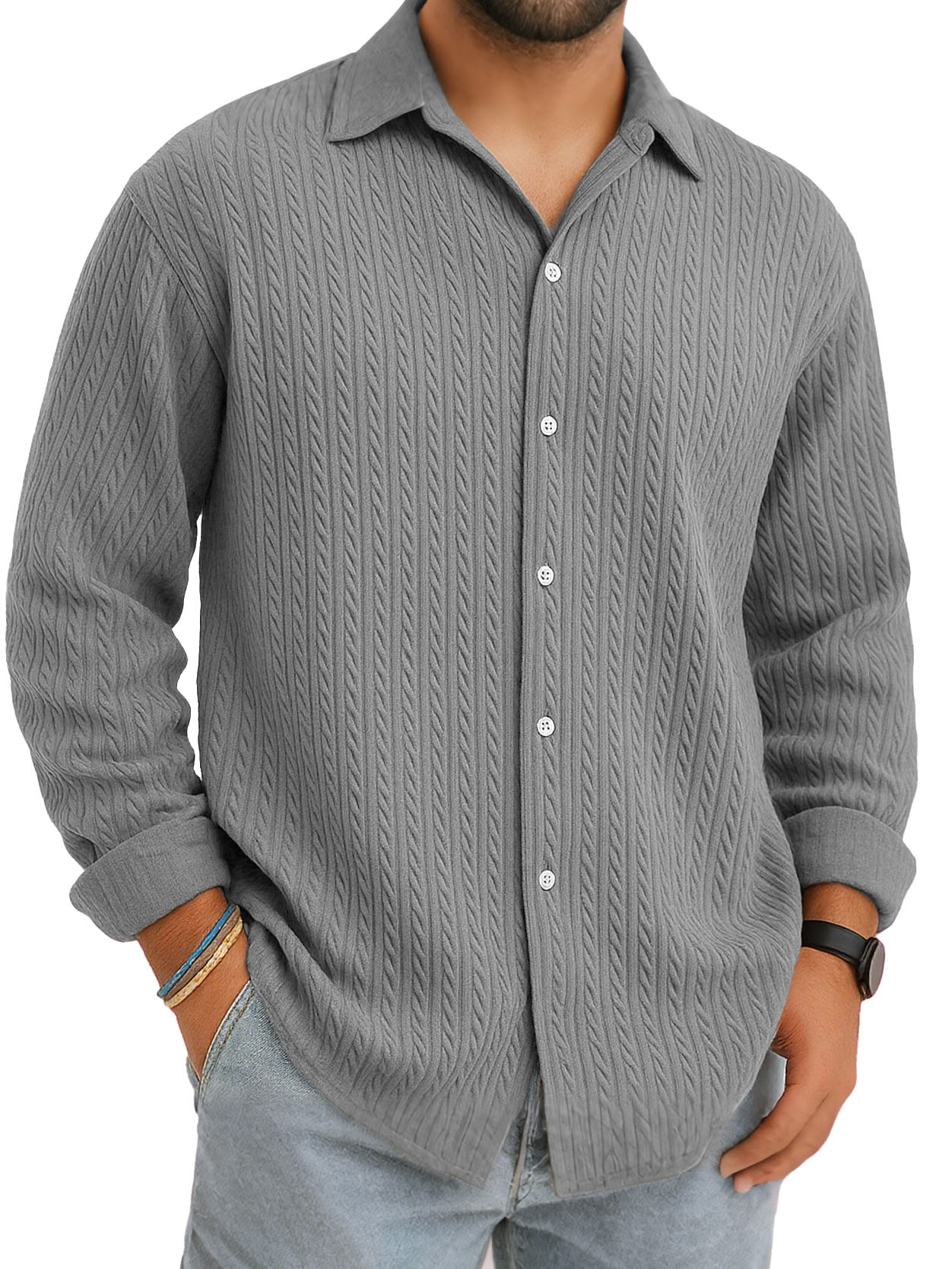 Men's Stylish Casual Everyday Jacquard Fabric Multicolor Lapel Long-sleeved Shirt