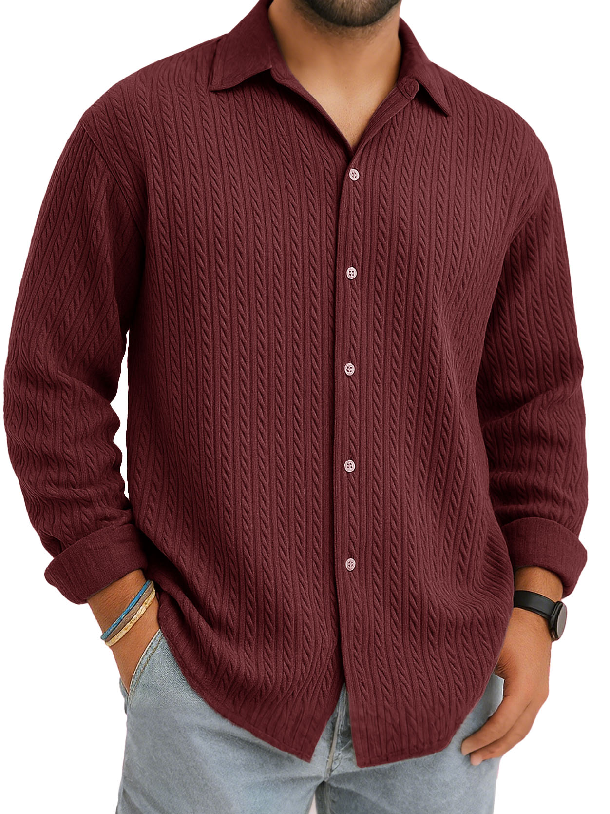 Men's Stylish Casual Everyday Jacquard Fabric Multicolor Lapel Long-sleeved Shirt