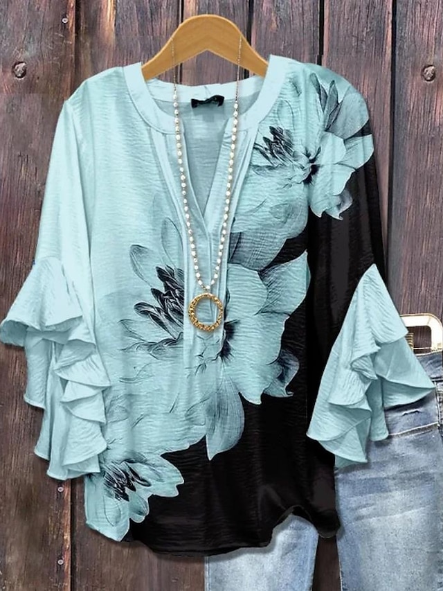 Women's vintage blouse-style multi-layer ruffled top with 3D printed vintage floral pattern, 3/4 length sleeves