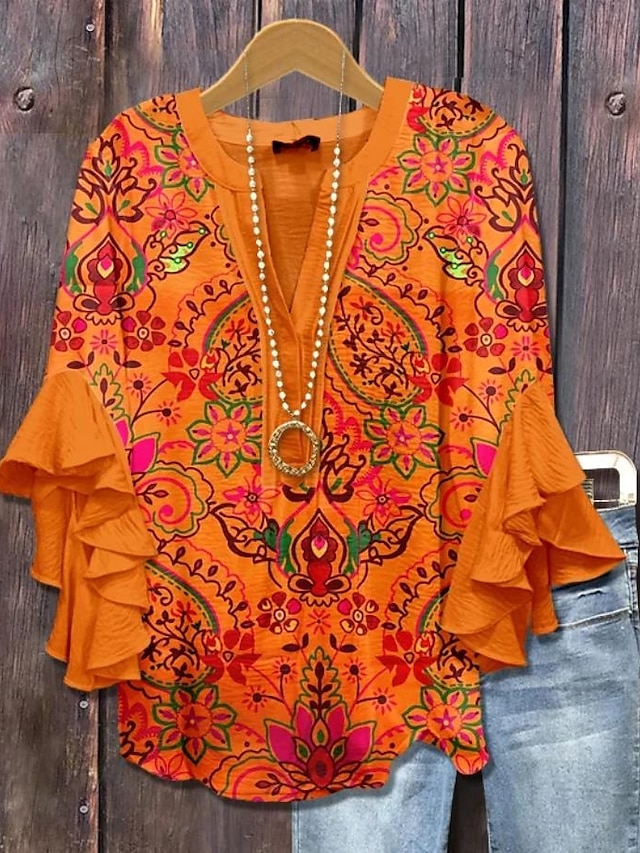 Women's vintage blouse-style multi-layer ruffled top with 3D printed vintage floral pattern, 3/4 length sleeves