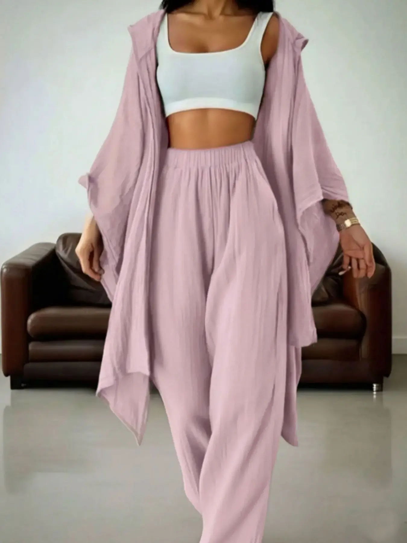Women's Two-Piece Casual Set, Wide-Leg Pants & Loose-Fit Cardigan, Comfortable Stylish Women's Clothing for Daily Wear, Womenswear