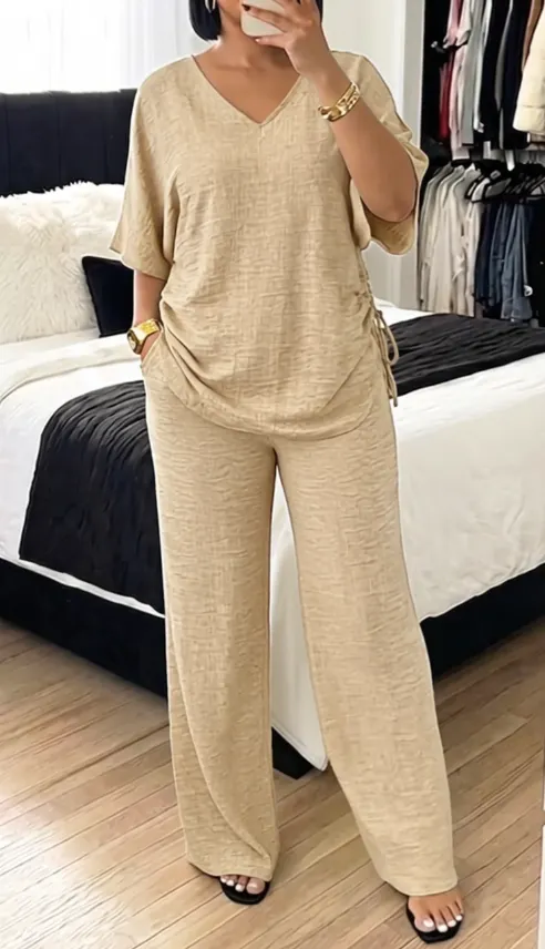 Summer V-Neck Short-Sleeve Drawstring Wide-Leg Casual Set