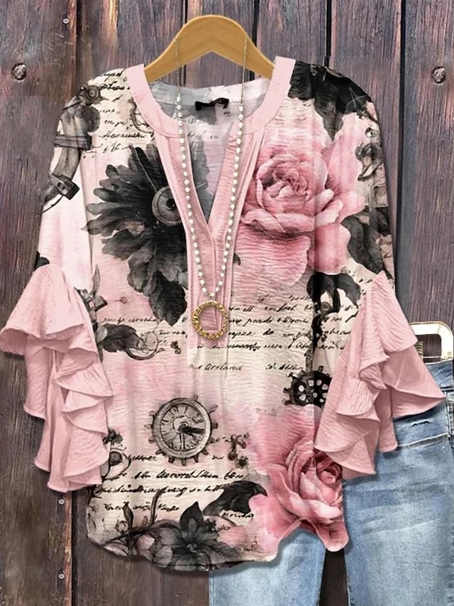 Women's vintage blouse-style multi-layer ruffled top with 3D printed vintage floral pattern, 3/4 length sleeves
