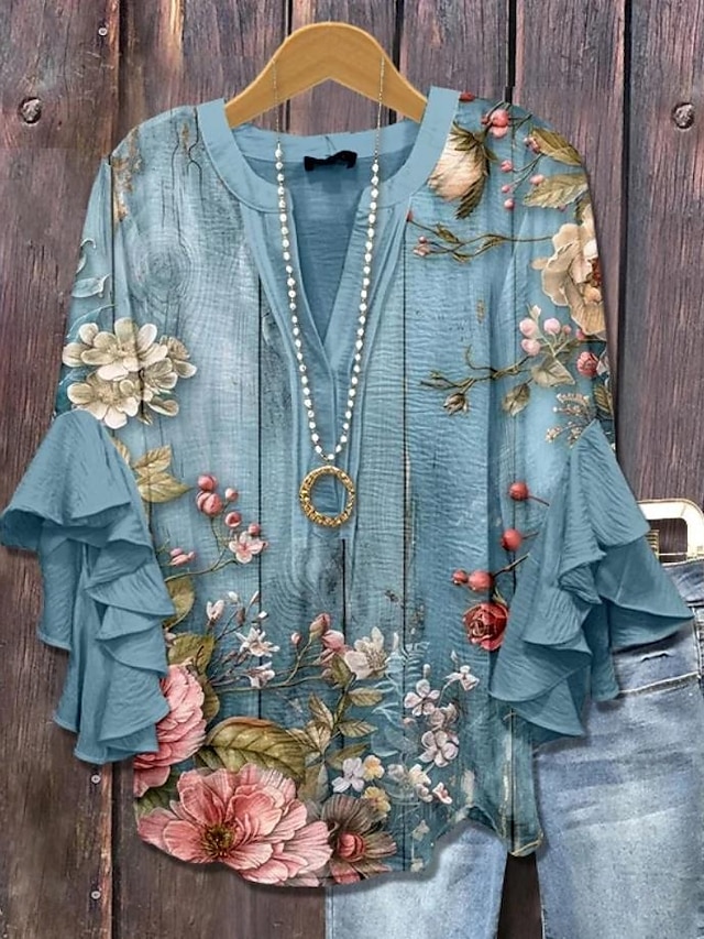 Women's vintage blouse-style multi-layer ruffled top with 3D printed vintage floral pattern, 3/4 length sleeves