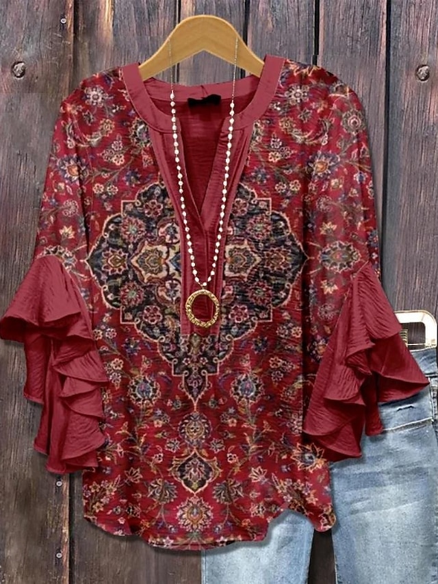 Women's vintage blouse-style multi-layer ruffled top with 3D printed vintage floral pattern, 3/4 length sleeves
