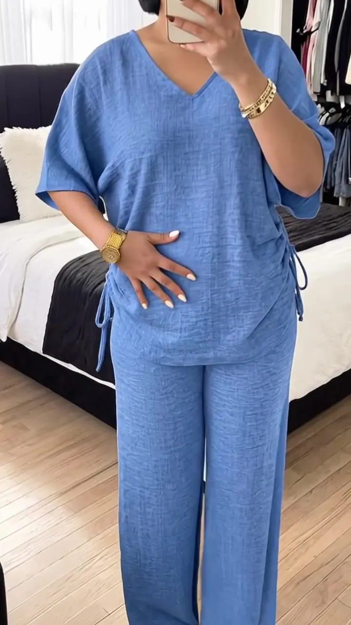 Summer V-Neck Short-Sleeve Drawstring Wide-Leg Casual Set