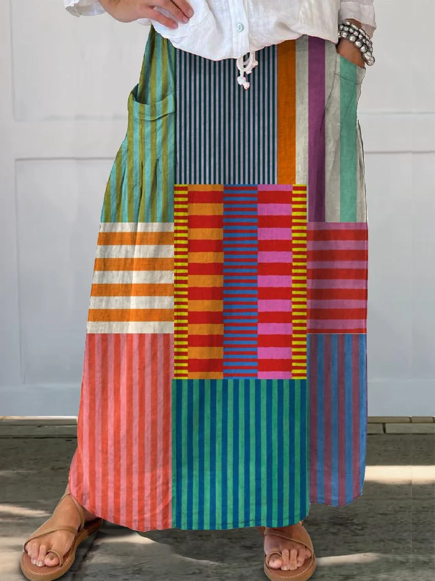 Women’s Colorful Patchwork Striped Cotton Linen 3/4 Sleeve Shirt