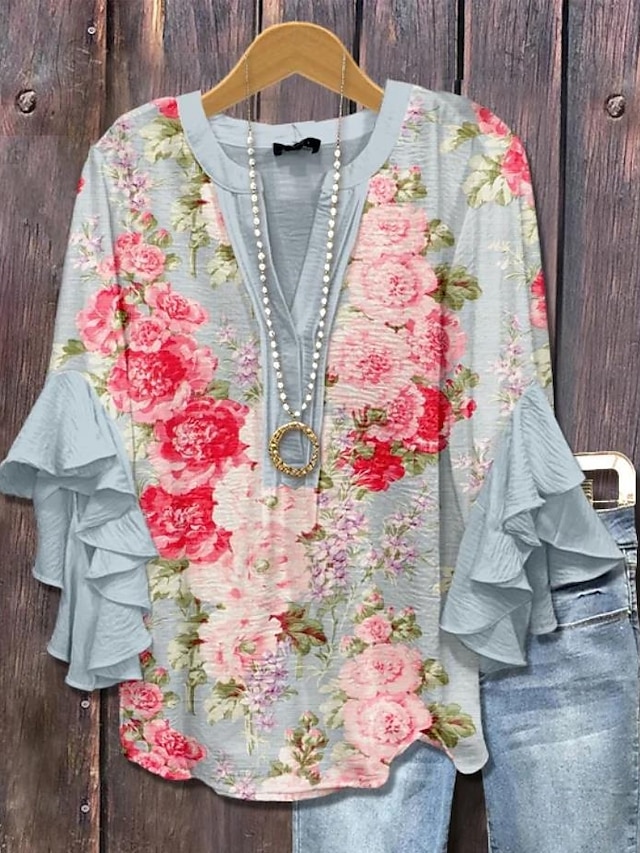 Women's vintage blouse-style multi-layer ruffled top with 3D printed vintage floral pattern, 3/4 length sleeves
