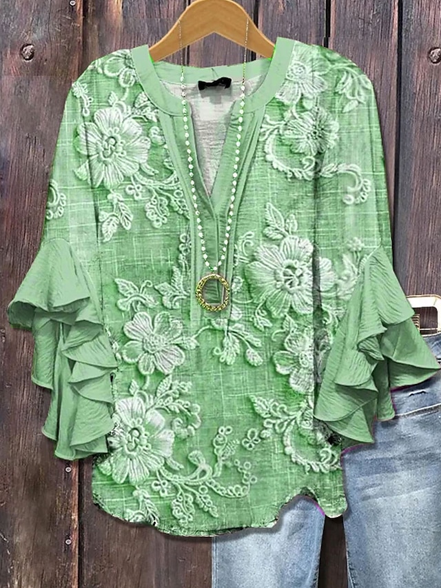Women's vintage blouse-style multi-layer ruffled top with 3D printed vintage floral pattern, 3/4 length sleeves