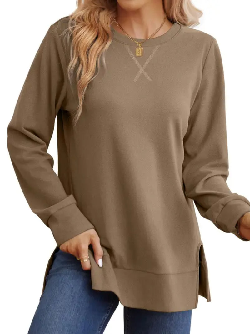 New Arrival Women Loose Long Sleeve Tunic Top Side Slit