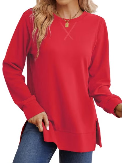 New Arrival Women Loose Long Sleeve Tunic Top Side Slit