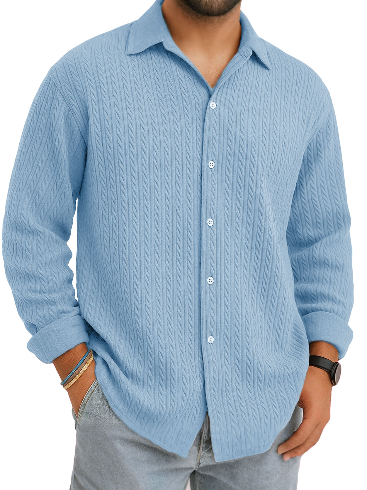 Men's Stylish Casual Everyday Jacquard Fabric Multicolor Lapel Long-sleeved Shirt