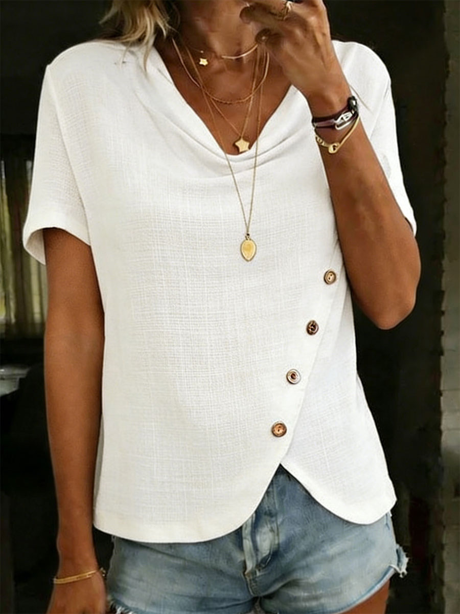 Women's Elegant Solid Color Ruffled Collar Button 100% Cotton Short-sleeved T-shirt