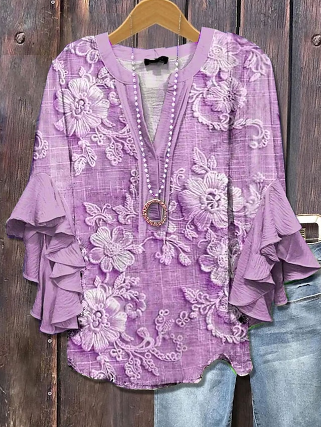 Women's vintage blouse-style multi-layer ruffled top with 3D printed vintage floral pattern, 3/4 length sleeves