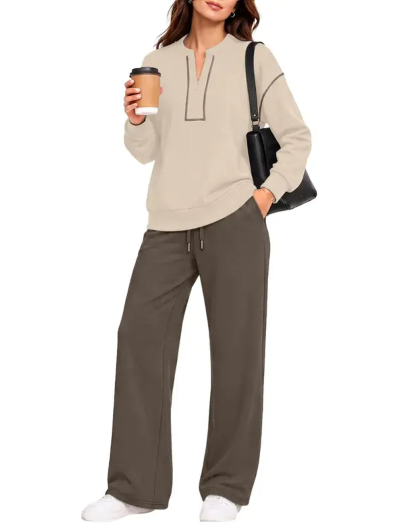 90% Off Only today -—-2026 Contrast‑Stitch Notched Neck 2‑Piece Loungewear Set