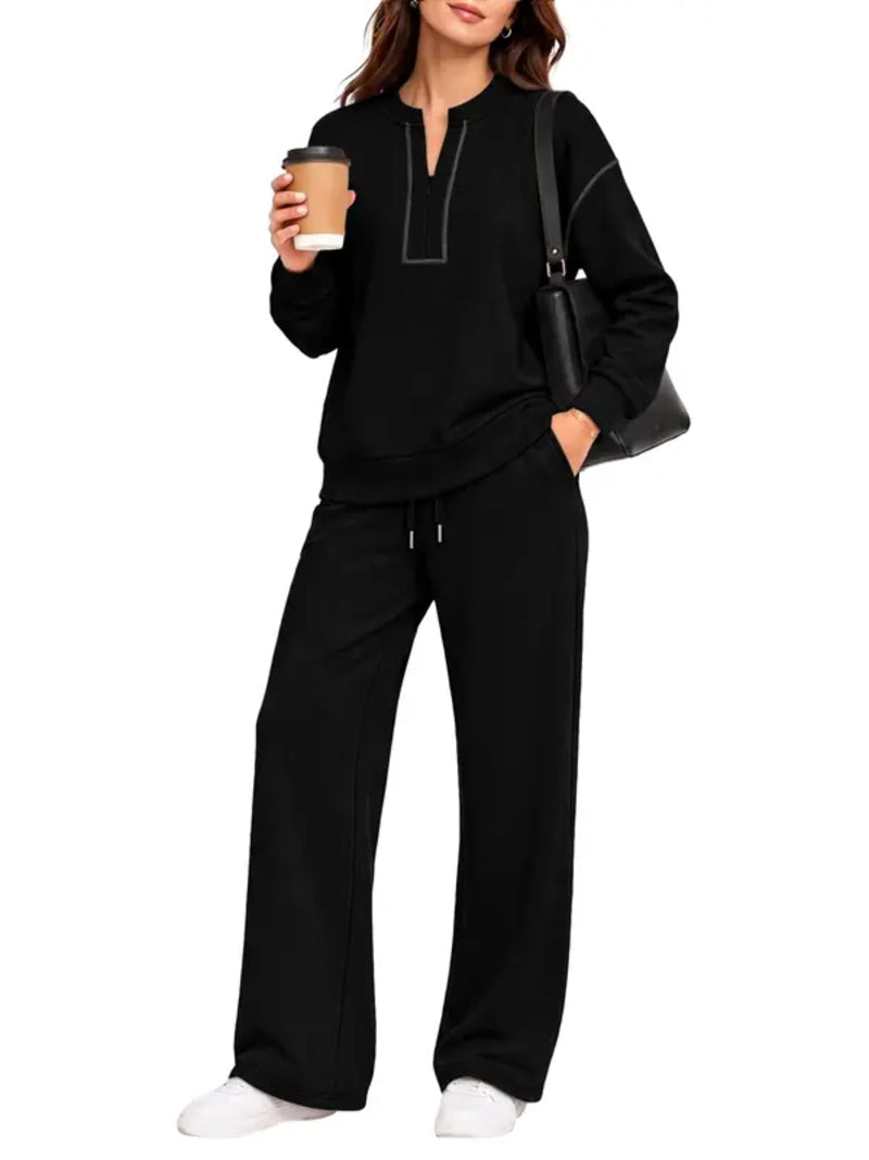 90% Off Only today -—-2026 Contrast‑Stitch Notched Neck 2‑Piece Loungewear Set