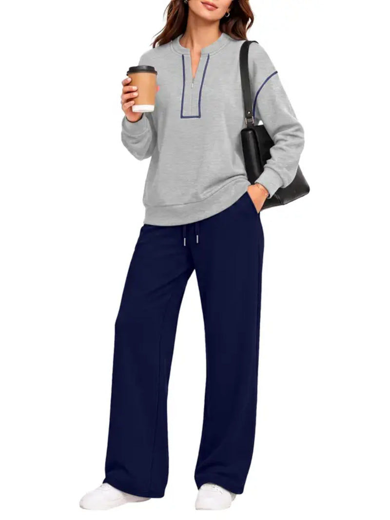 90% Off Only today -—-2026 Contrast‑Stitch Notched Neck 2‑Piece Loungewear Set