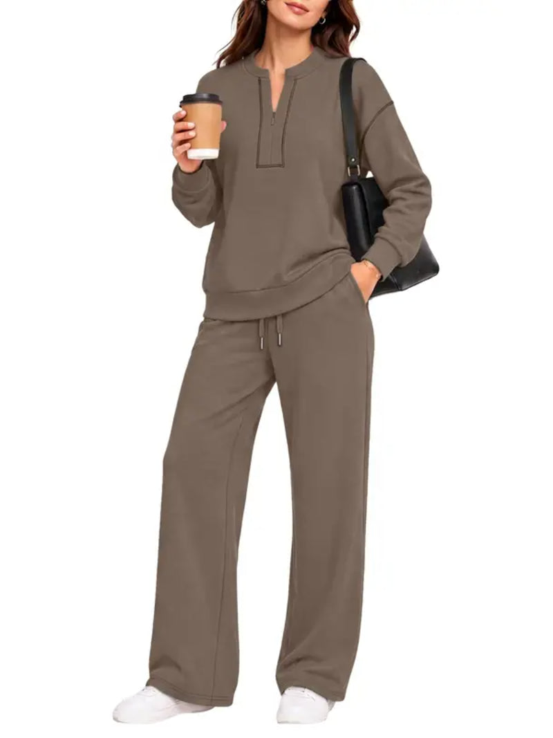 90% Off Only today -—-2026 Contrast‑Stitch Notched Neck 2‑Piece Loungewear Set