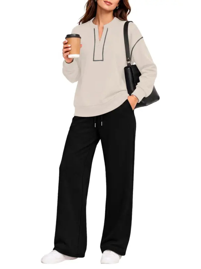 90% Off Only today -—-2026 Contrast‑Stitch Notched Neck 2‑Piece Loungewear Set