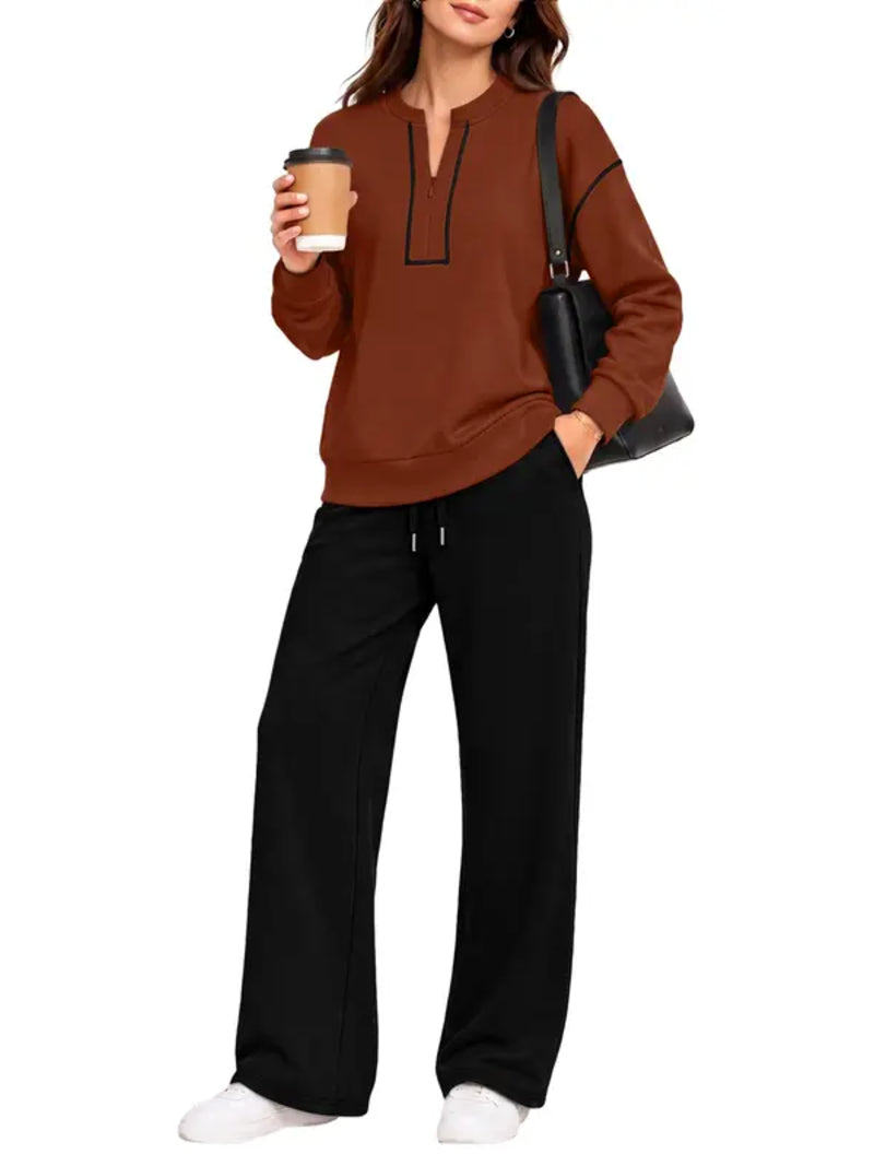 90% Off Only today -—-2026 Contrast‑Stitch Notched Neck 2‑Piece Loungewear Set