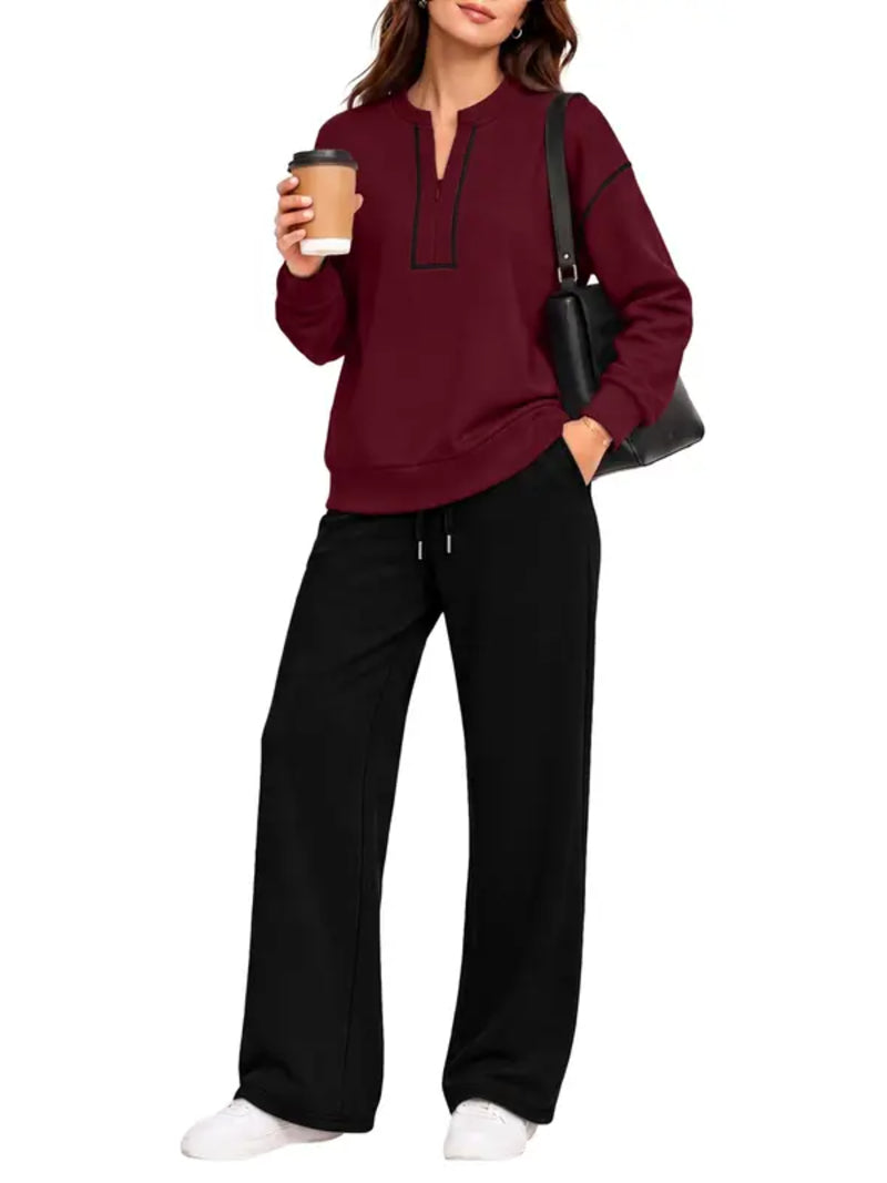 90% Off Only today -—-2026 Contrast‑Stitch Notched Neck 2‑Piece Loungewear Set
