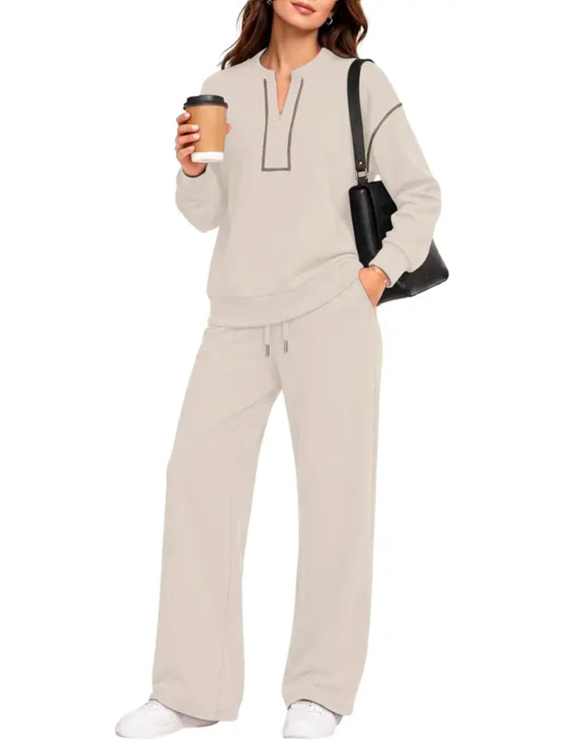 90% Off Only today -—-2026 Contrast‑Stitch Notched Neck 2‑Piece Loungewear Set