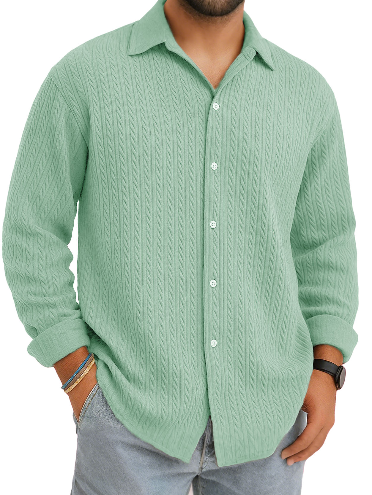 Men's Stylish Casual Everyday Jacquard Fabric Multicolor Lapel Long-sleeved Shirt