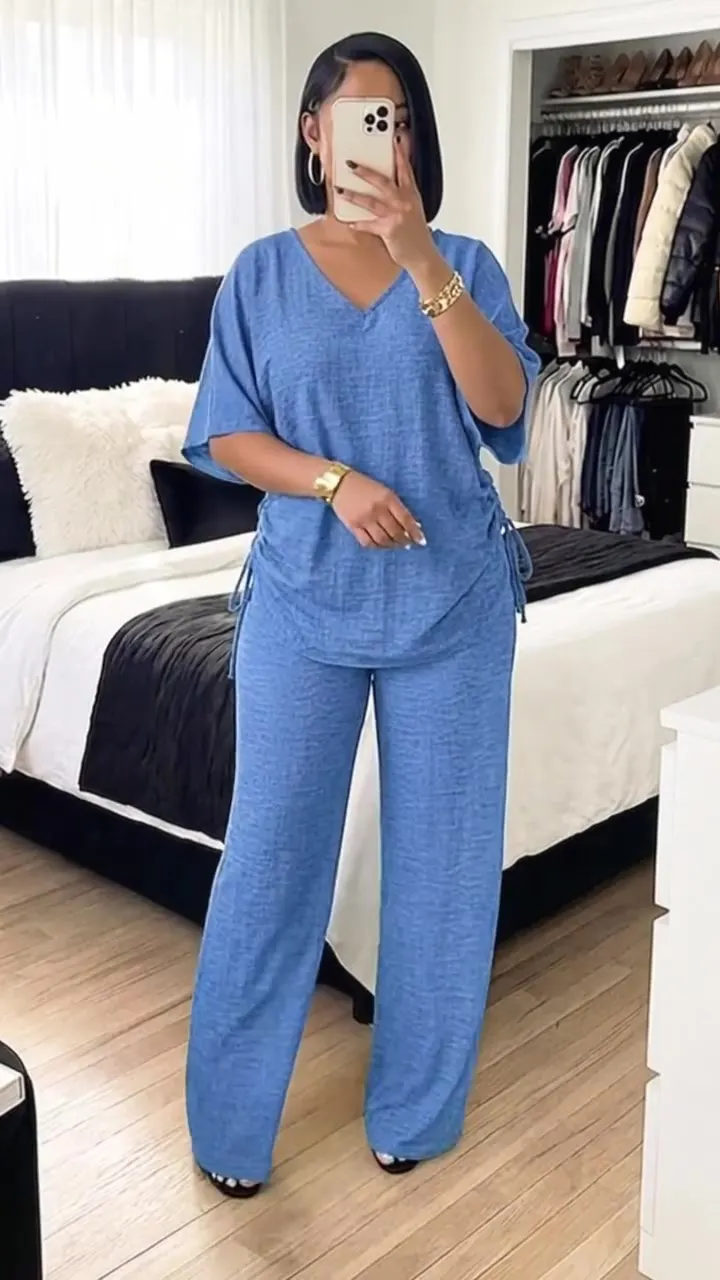 Summer V-Neck Short-Sleeve Drawstring Wide-Leg Casual Set