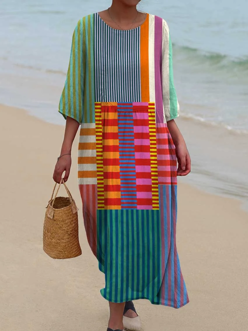 Women’s Colorful Patchwork Striped Cotton Linen 3/4 Sleeve Shirt