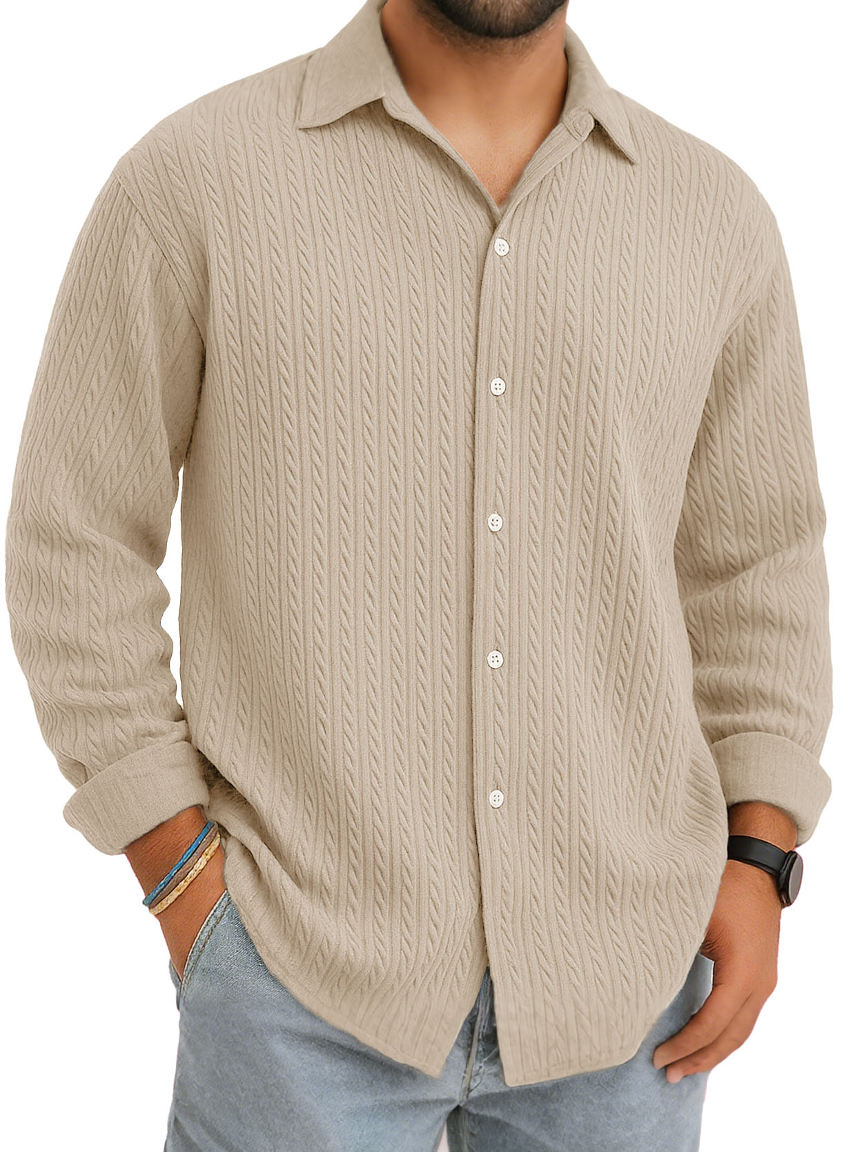 Men's Stylish Casual Everyday Jacquard Fabric Multicolor Lapel Long-sleeved Shirt