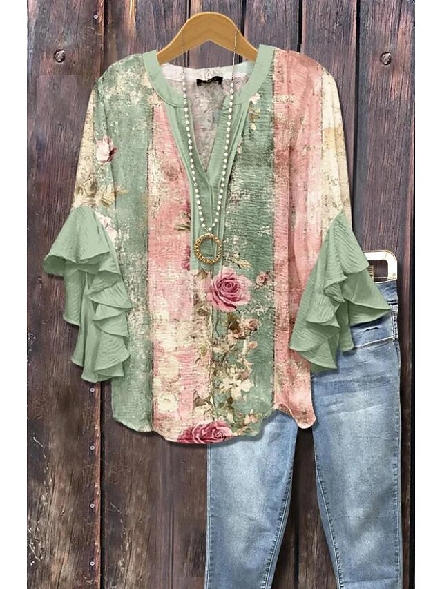 Women's vintage blouse-style multi-layer ruffled top with 3D printed vintage floral pattern, 3/4 length sleeves