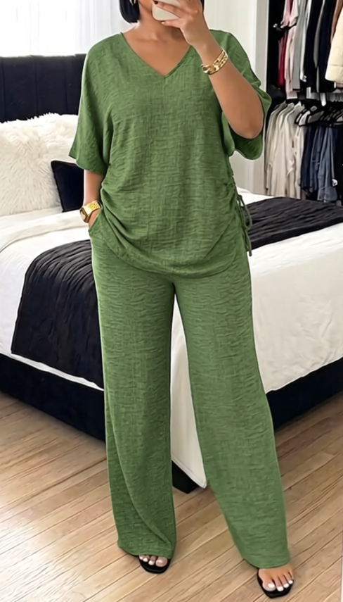 Summer V-Neck Short-Sleeve Drawstring Wide-Leg Casual Set