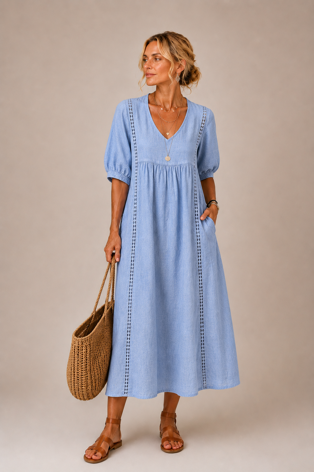 Christine - Lace Trim V-Neck Midi Dress