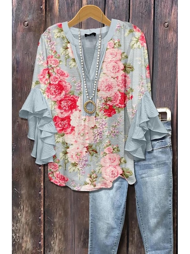 Women's vintage blouse-style multi-layer ruffled top with 3D printed vintage floral pattern, 3/4 length sleeves