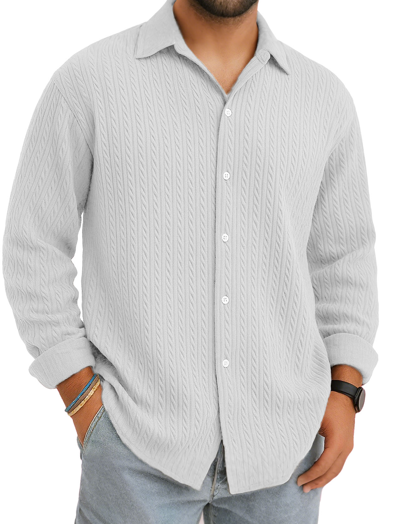 Men's Stylish Casual Everyday Jacquard Fabric Multicolor Lapel Long-sleeved Shirt