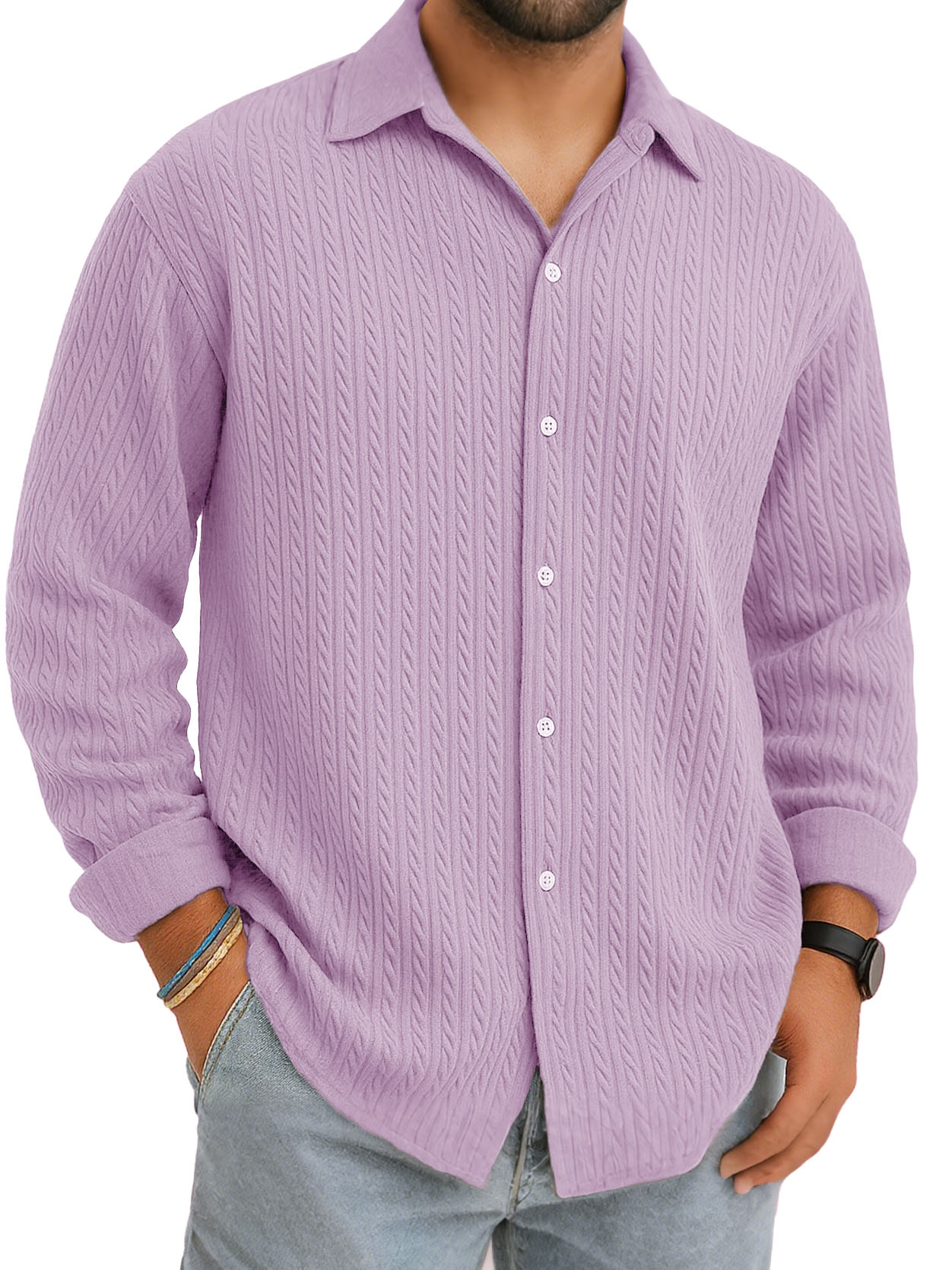 Men's Stylish Casual Everyday Jacquard Fabric Multicolor Lapel Long-sleeved Shirt