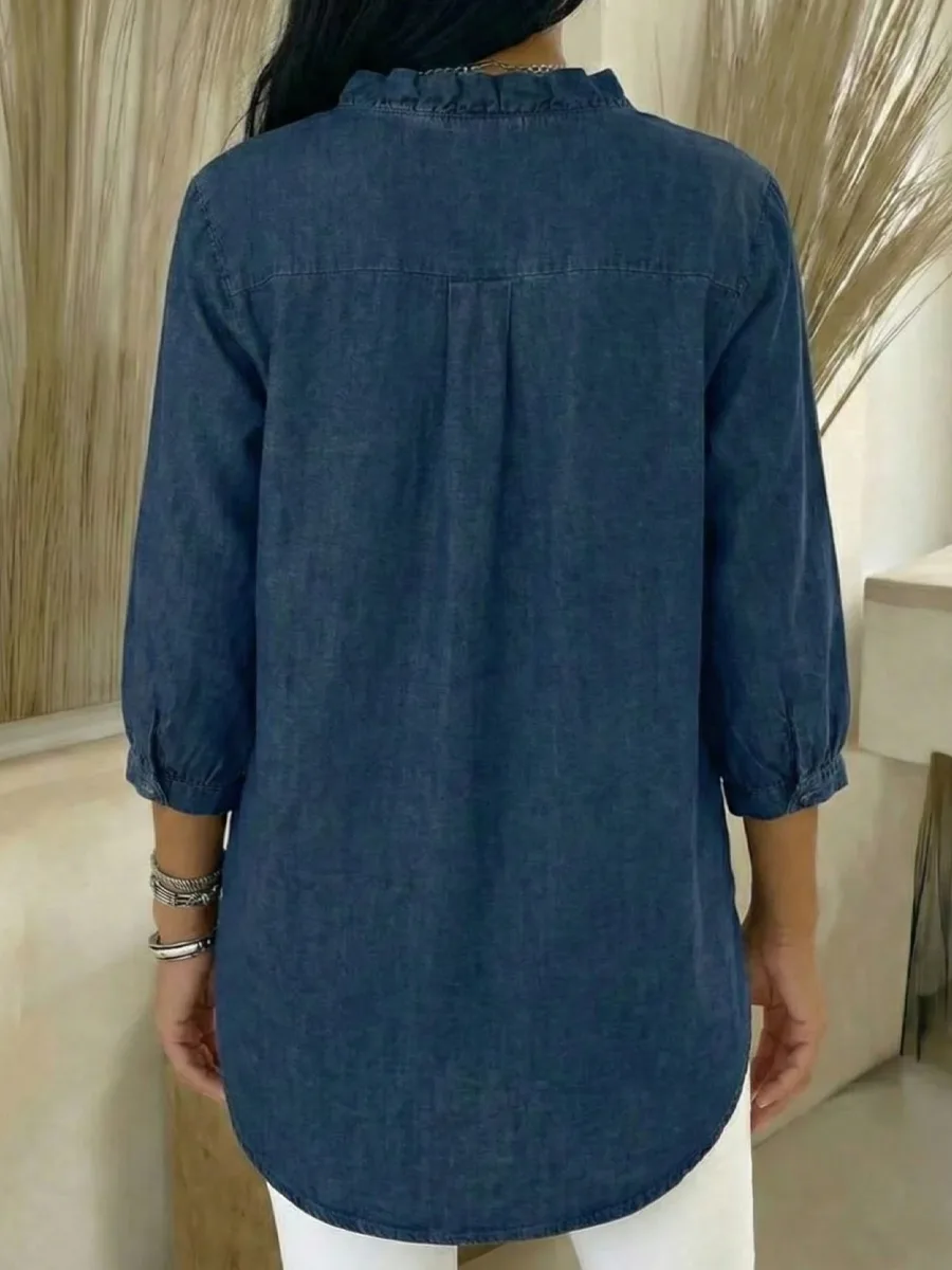 Women's Casual Denim V-Neck Ruffled Shirt