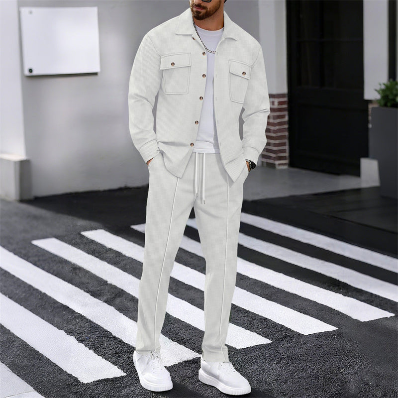 🔥 Men's Waffle Button-Up Jacket & Trousers Set – Breathable Waffle Knit, Relaxed Fit & Effortless Casual Style 👕👖