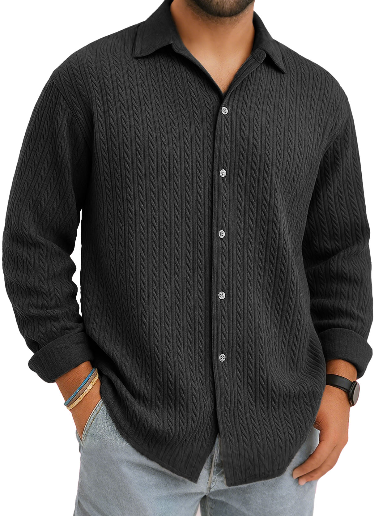 Men's Stylish Casual Everyday Jacquard Fabric Multicolor Lapel Long-sleeved Shirt
