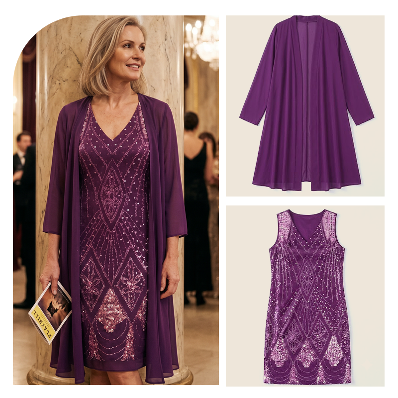 Women’s V-Neck Dress & Sheer Long Jacket Set